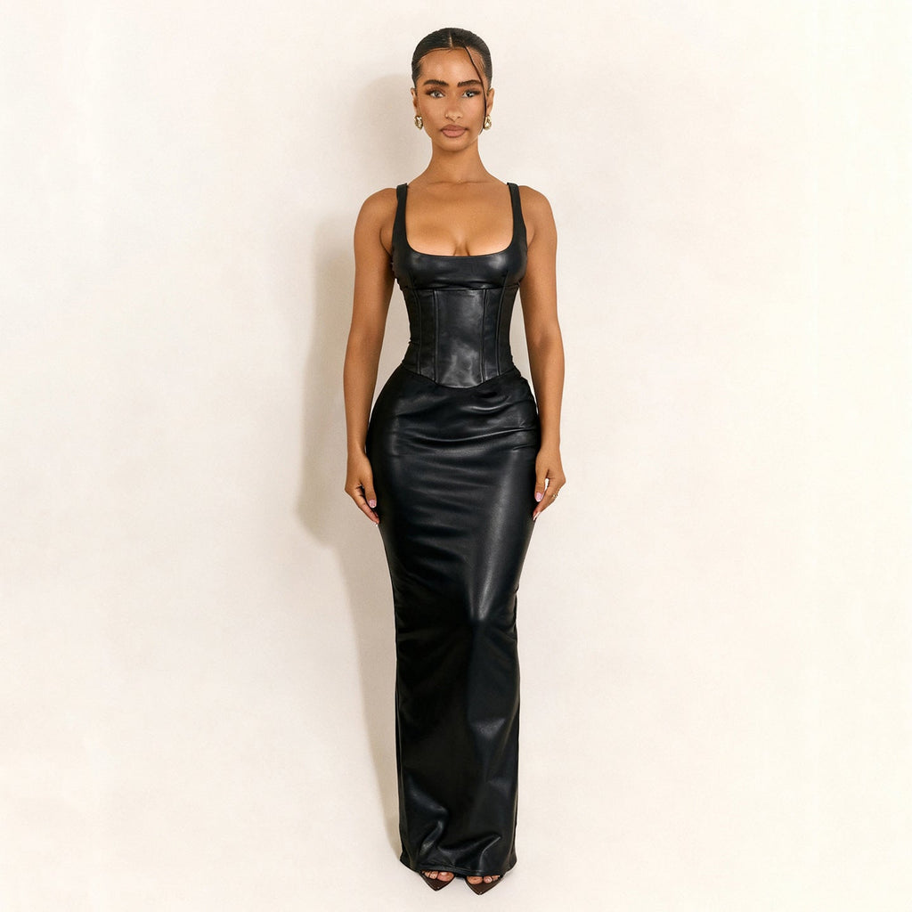 Women Clothing Square Collar Low Cut Drawstring Slim Fit Leather Dress Sexy Sheath Split Dress Bella Mia