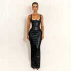 Women Clothing Square Collar Low Cut Drawstring Slim Fit Leather Dress Sexy Sheath Split Dress Bella Mia