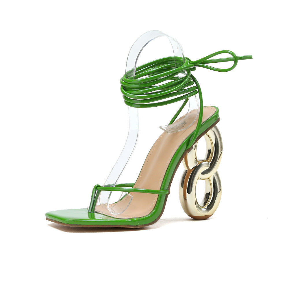 All Match Square Toe Elegant Sexy Flip Toe Profiled Heel Lace up High Heeled Sandals Women Summer Bella Mia