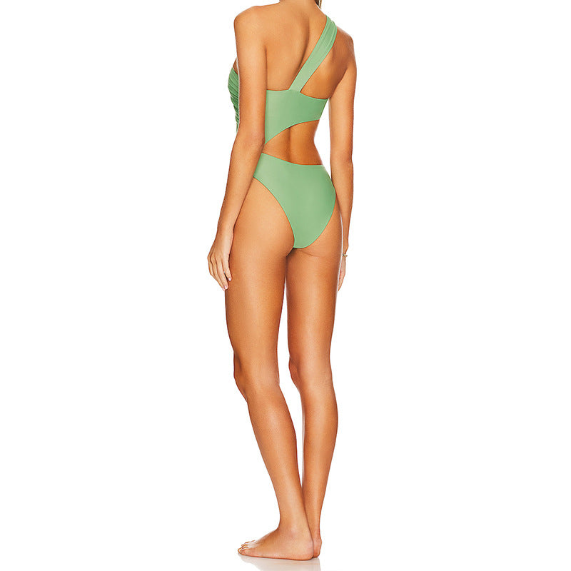 Solid Color One Piece Swimsuit Foreign Single Women Swimsuit Solid Color Diagonal Shoulder Hollow Out Cutout Siamese Bikini Bella Mia