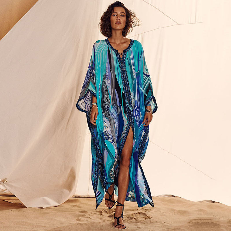 Four Sided Stretch Blue Pattern Beach Cover up Vacation Dress Bikini Swimsuit Blouse Sun Protection Shirt Women Bella Mia