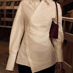 Cotton White Collared Long Sleeve Waist Women Shirt Cross Design Irregular Asymmetric Cardigan Top Bella Mia