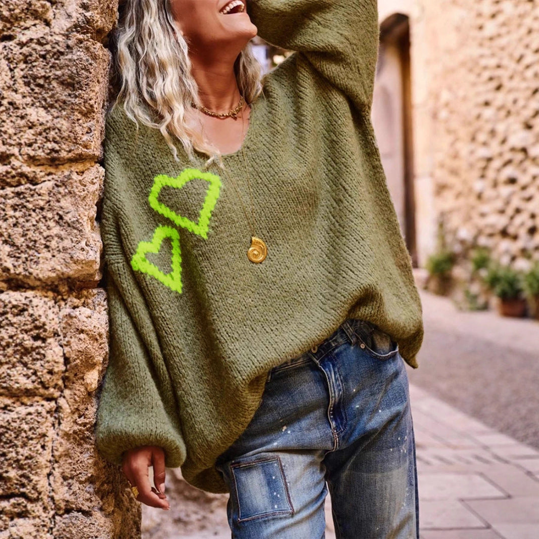Autumn Winter Love Pattern V neck Sweater Women Casual Loose Long Sleeve Pullover Sweater Bella Mia
