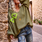 Autumn Winter Love Pattern V neck Sweater Women Casual Loose Long Sleeve Pullover Sweater Bella Mia