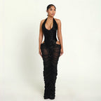 Autumn Winter Women Clothing Fashionable Sequ Stitching Sexy Mesh See through Ruffle Hip Dress Bella Mia