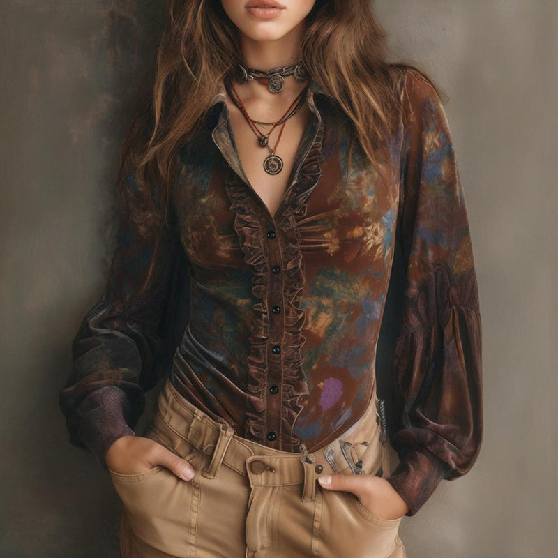 Fall Women Clothing Printed Slim Retro Long Sleeved Top Bella Mia