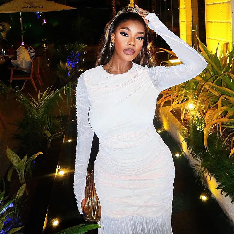Women Clothing Solid Color Dress round Neck Long Sleeve Mesh Stitching Casual Dress Bella Mia