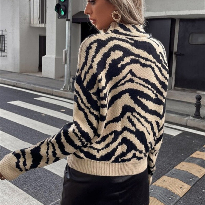Autumn Winter Essential Loose Pullover Zebra Pattern Knitted Sweater for Women Bella Mia