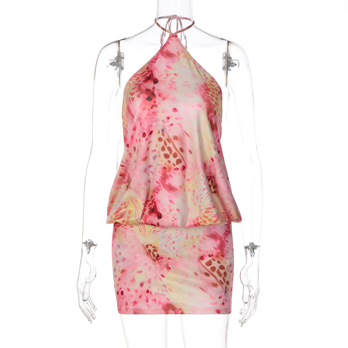 Sexy Women Clothing Summer Printed With Laces Halter Backless Hip Hugging Short Dress