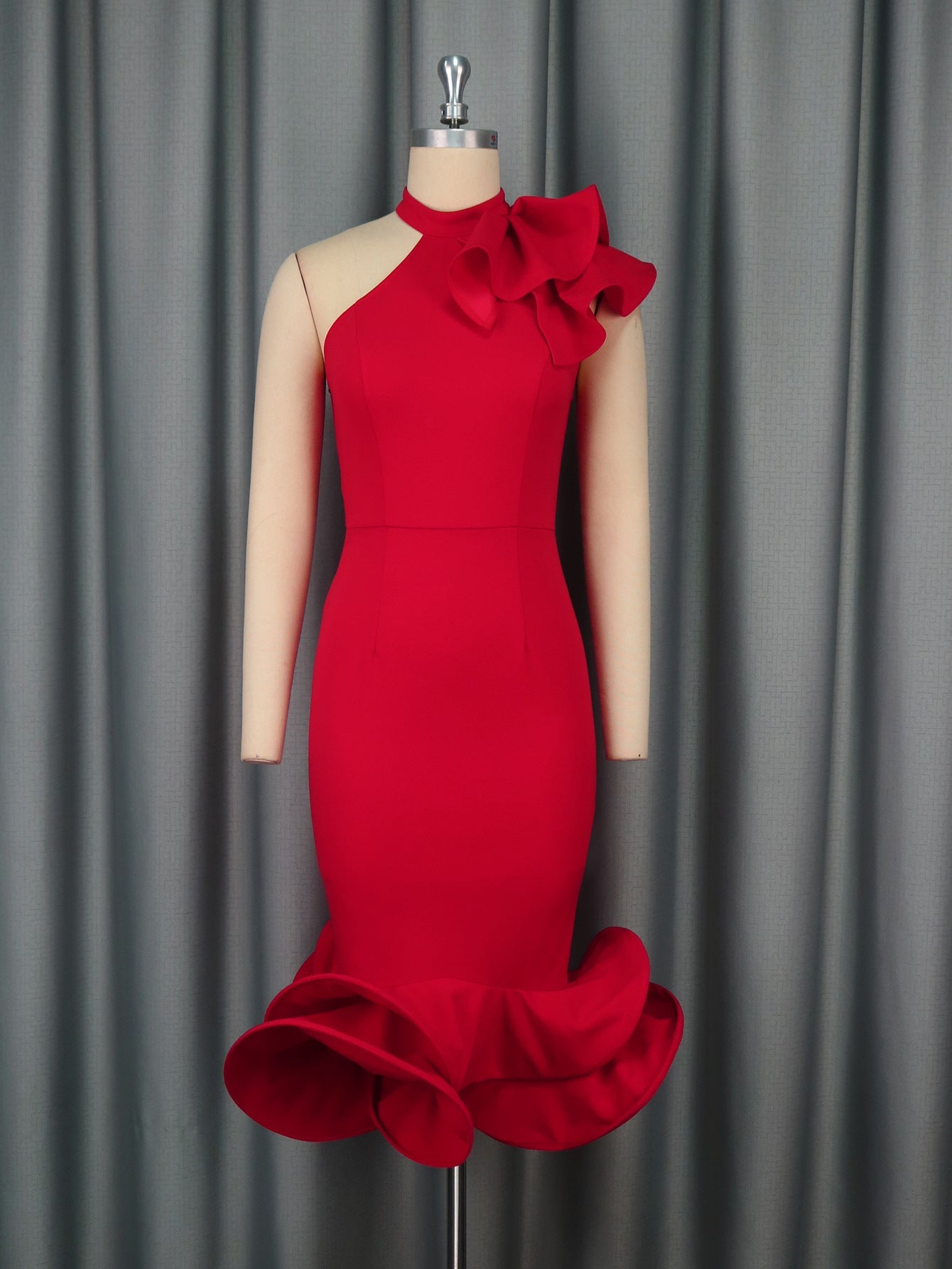 Elegant Half Turtleneck Ruffled Dress off Shoulder Ruffled Hem Cocktail Evening Dress