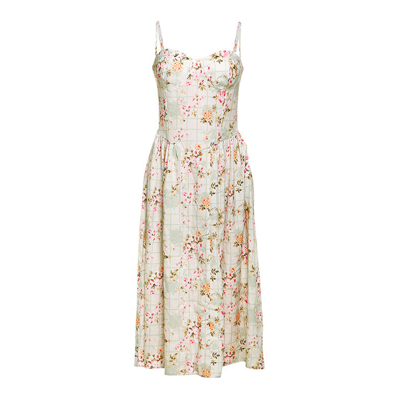 Summer Women Clothing French Sexy Backless Waist Trimming Slimming Printed Dress Women Bella Mia