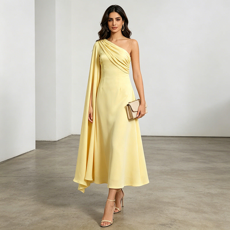 Gorgeous High End Dress Summer Asymmetric One Shoulder Pleated Waist Tight Solid Color Maxi Dress