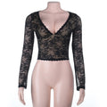 Autumn Sexy Hollow Out Cutout out V neck Lace See through Bottoming Top Bella Mia