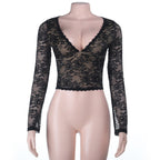 Autumn Sexy Hollow Out Cutout out V neck Lace See through Bottoming Top Bella Mia