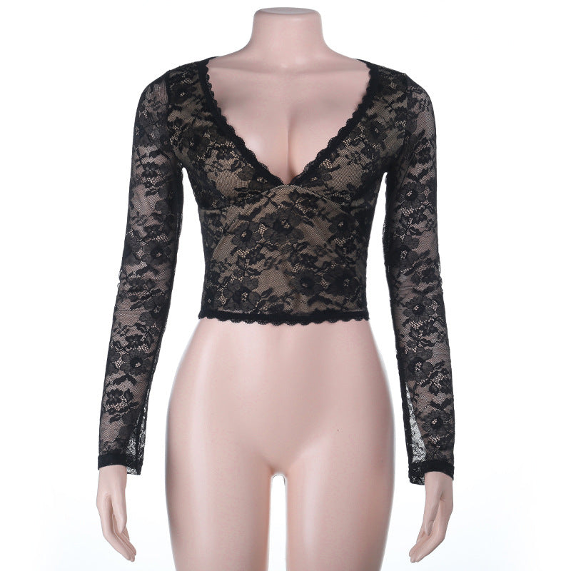 Autumn Sexy Hollow Out Cutout out V neck Lace See through Bottoming Top Bella Mia