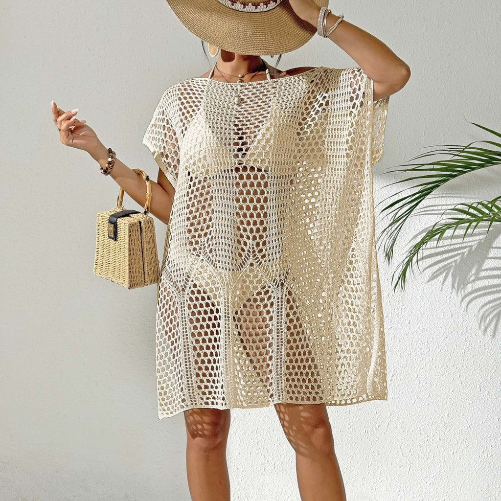 Women Holiday Blouse Women Sexy Woven Hollow Out Cutout out off Shoulder Bikini Overclothes Beach Dress Bella Mia