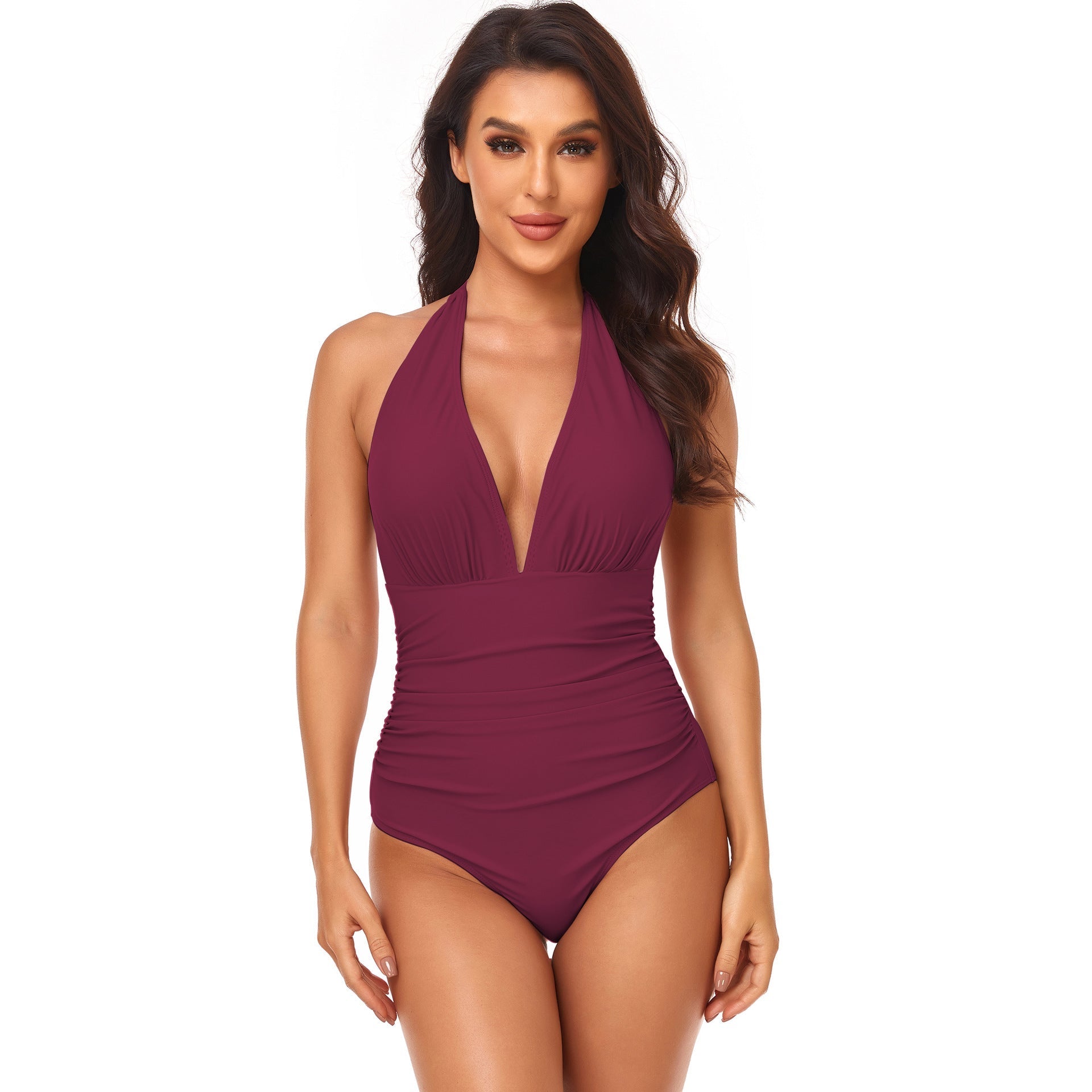 Solid Color One Piece Swimsuit Pleating Halter Swimsuit Popular One Piece Swimsuit Bella Mia