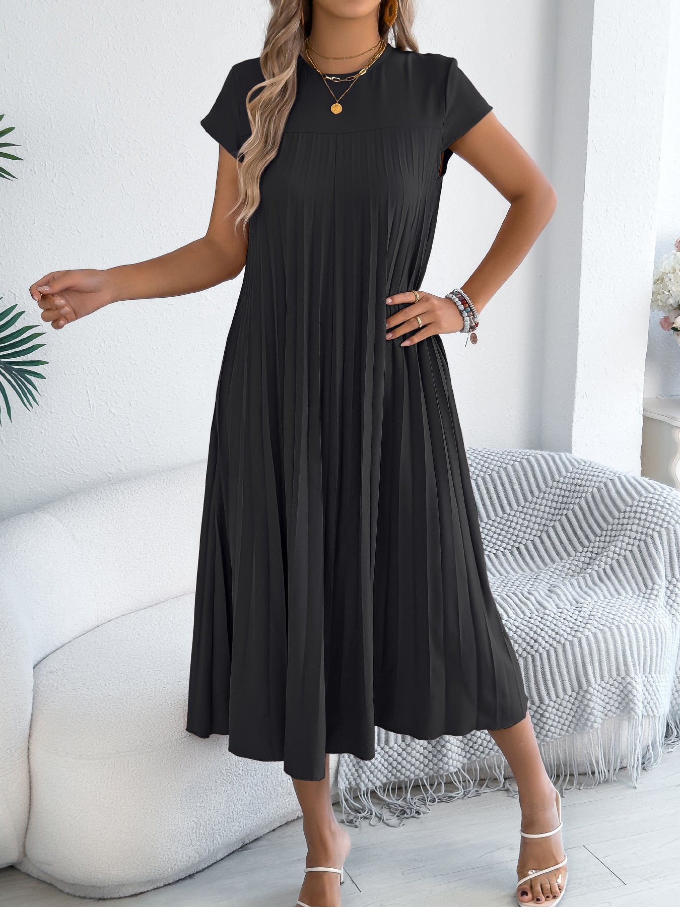 Women Clothing Spring Summer Casual Loose Short Sleeves Pocket Pleated Dress（No Belt）