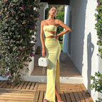 Tube Top Sexy Hollow Out Cutout Split Yellow Dress Women Vacation Sexy Slim Fit Maxi Dress Bella Mia