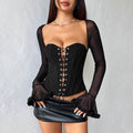 Women Autumn Sexy Mesh Stitching off Shoulder Tube Top Lace up Slimming Boning Corset T shirt Bella Mia