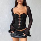 Women Autumn Sexy Mesh Stitching off Shoulder Tube Top Lace up Slimming Boning Corset T shirt Bella Mia