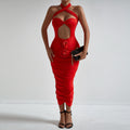 Fashionable Floral Cross Halter Hollow Out Cutout Sexy Chest lattering Dress Elegant Holiday Pleated Hip Dress for Women Bella Mia
