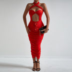 Fashionable Floral Cross Halter Hollow Out Cutout Sexy Chest lattering Dress Elegant Holiday Pleated Hip Dress for Women Bella Mia