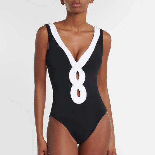 Black White Simple Hollow Out Cutout Out Swimsuit Women Skirt Set Bella Mia