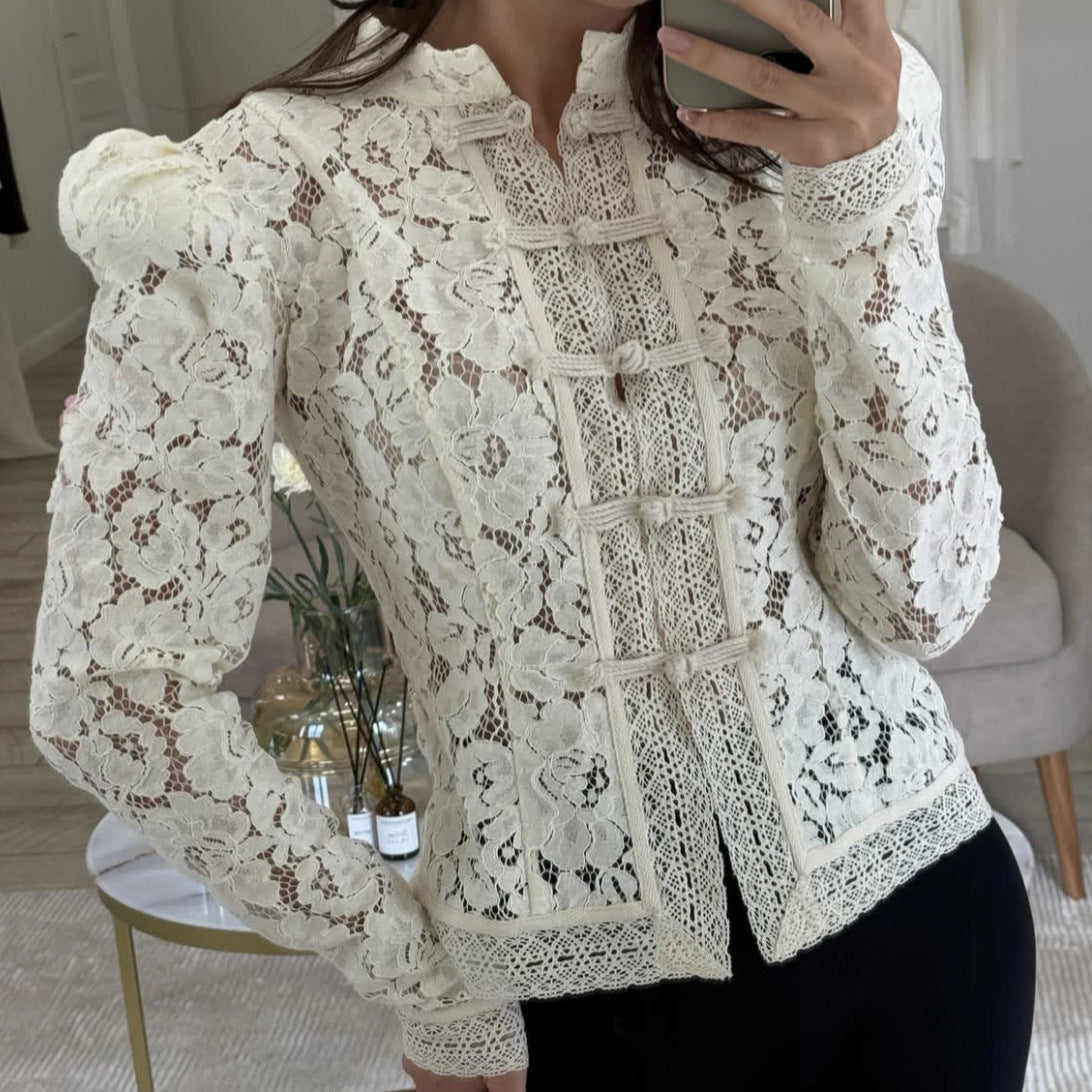 Summer in Office Lace Crochet Stand up Collar Slim Fit Stylish Shirt Women Bella Mia