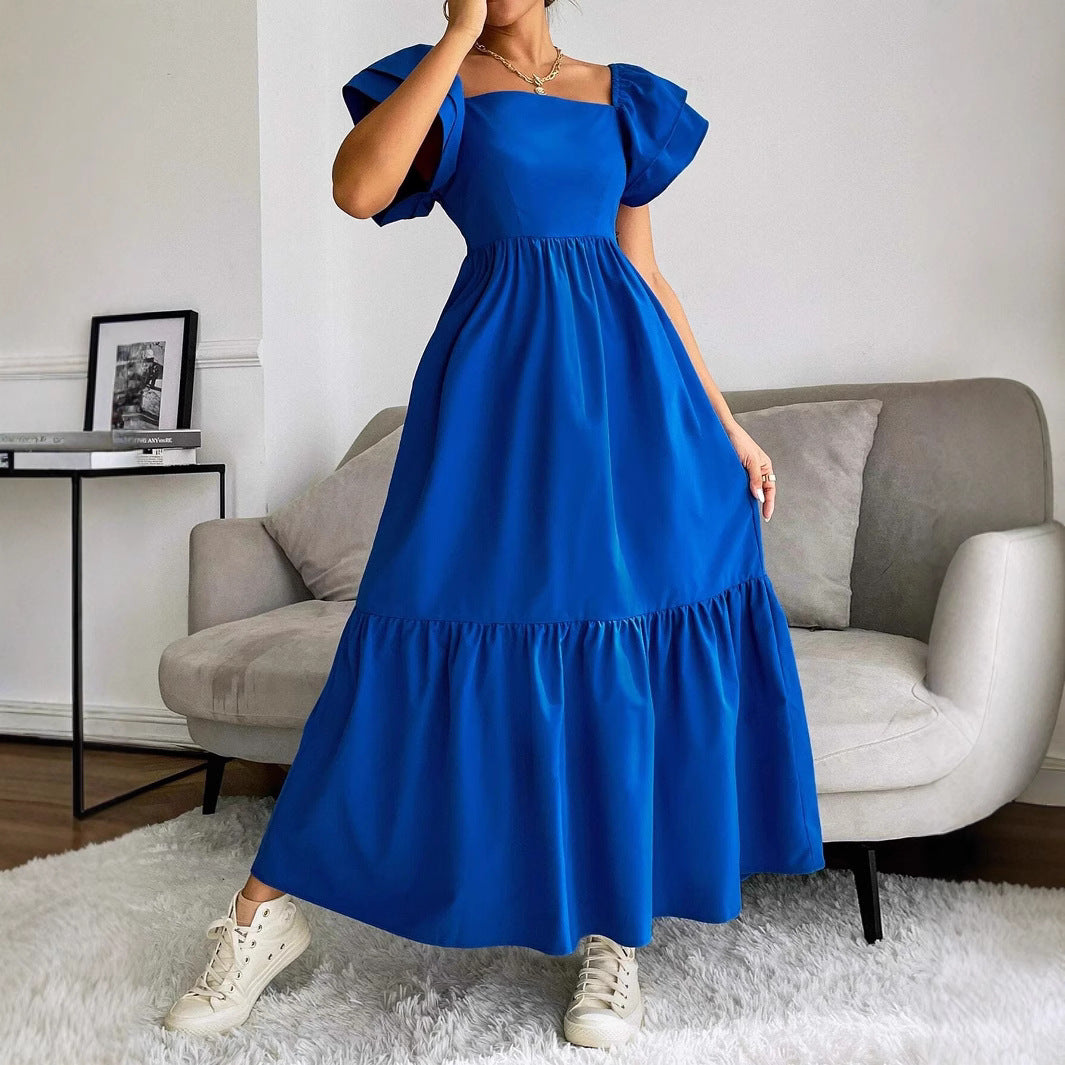 Women Clothing Ruffled A line Dress off Neck Flying Sleeves Solid Color Long Dress