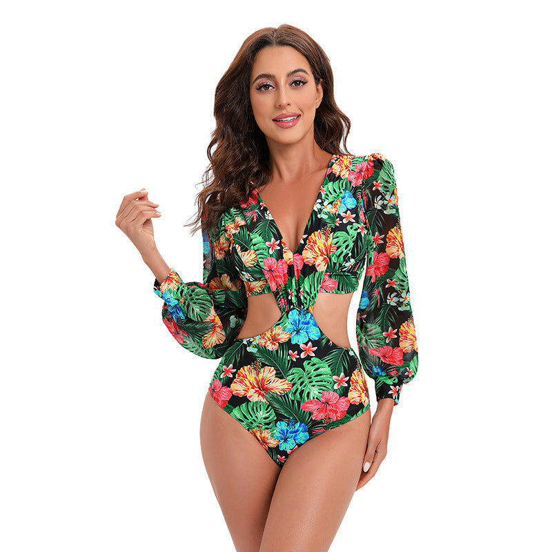 Swimsuit Backless Long Sleeve One Piece Swimsuit High Waist Tied V neck Swimsuit Women Bikini Bella Mia