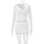 Women Clothing Fall V neck Low Cut Ruffled Hooks Cardigan Top Sheath Skirt Set Bella Mia