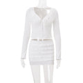 Women Clothing Fall V neck Low Cut Ruffled Hooks Cardigan Top Sheath Skirt Set Bella Mia