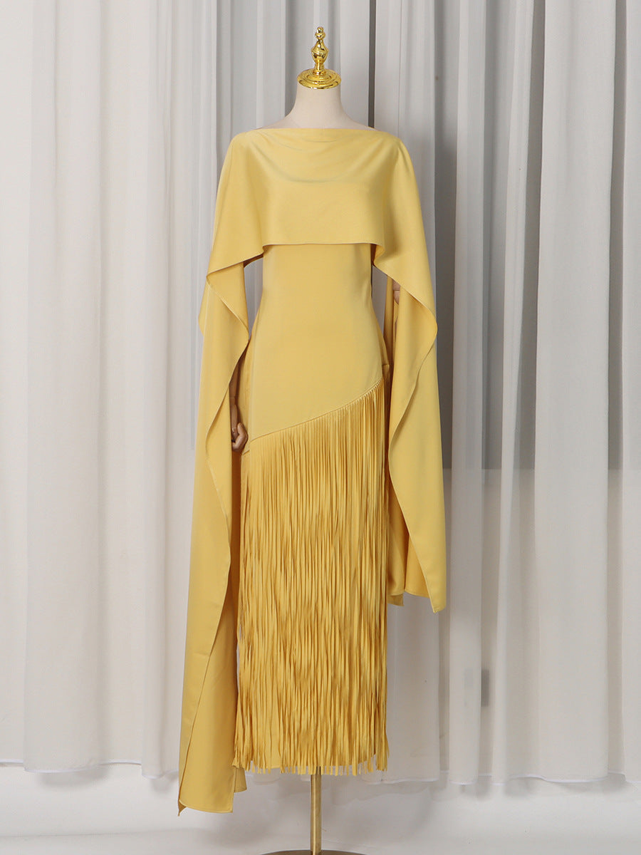 Spring Elegant Retro Faux Two Piece Long Skirt Shawl Design Tassel Dress Swing Dress Women Bella Mia