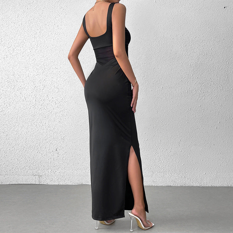 Milk Silk Stitching Mesh Cami Dress Sexy Split Backless Formal Dress Maxi Dress Bella Mia