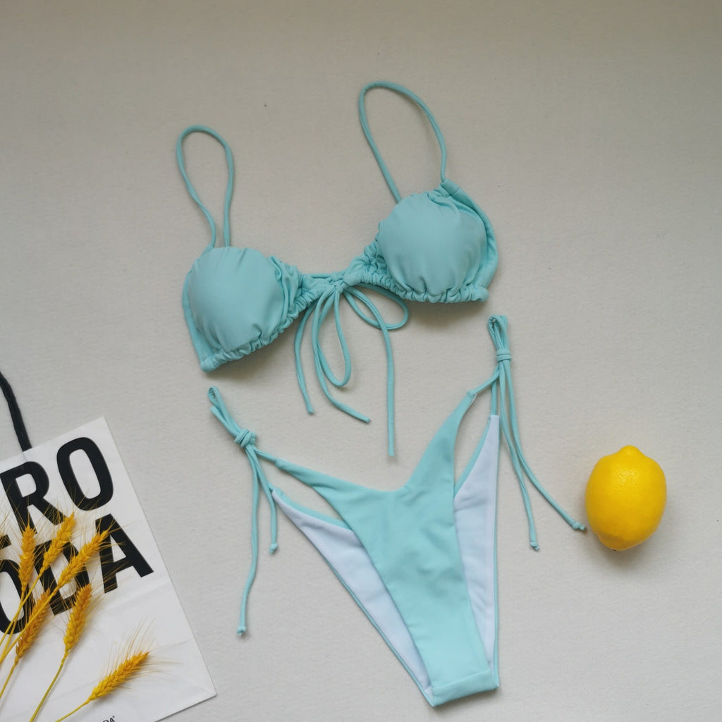 Sling Bandage Swimsuit Women Pleated Push up Drawstring Sexy Solid Color Bikini Swimsuit Bella Mia