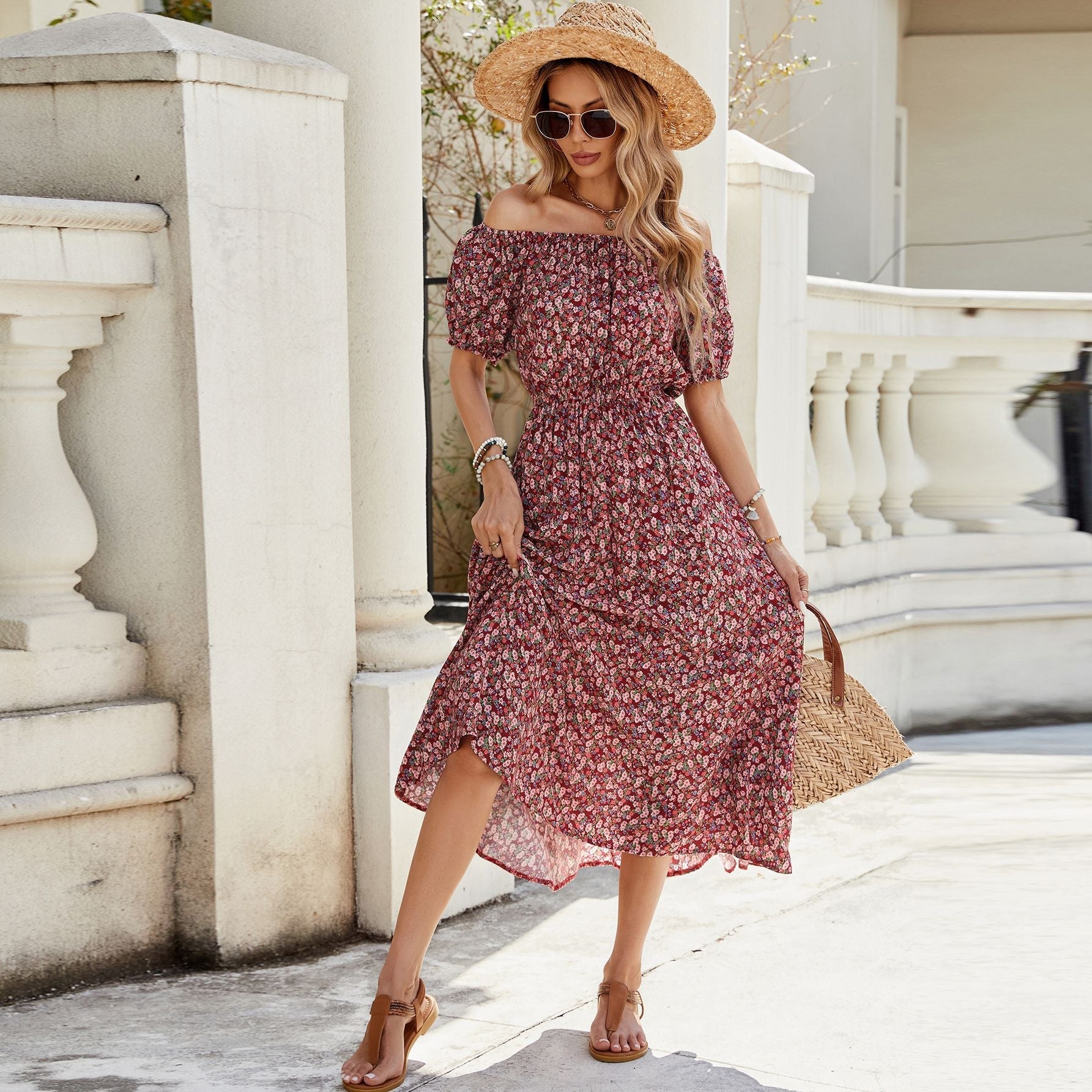 Women Floral off Shoulder Short Sleeve Retro Vacation Dress Bella Mia