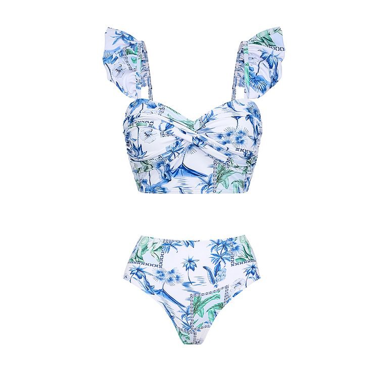 Summer Lotus Leaf Sleeve Split Swimsuit Women Seaside Vacation High Waist Thin Bikini Bella Mia