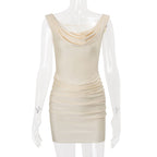Women Clothing Summer Sexy Overlapping Collar Slim Fit Pleated Solid Color Sheath Dress Women Bella Mia