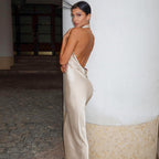 Summer Solid Color Sleeveless Halter Sexy Backless Satin Dress Bella Mia