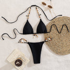 Low Waist Pure Black Sexy Three Point Bikini Tied Top Backless Split Swimsuit Women Bella Mia