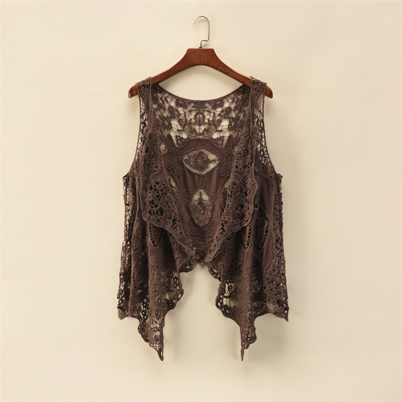 Women Summer Coat Thin Coat Sleeveless Lace Cardigan All Match Shawl Beachwear Sun Protection Clothing Women Hollow Out Cutout Shirt Bella Mia