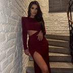Elegant Women round Neck Long Sleeve Hollow Out Cutout out Split Red Retro Slim Fit Sexy Dress Bella Mia