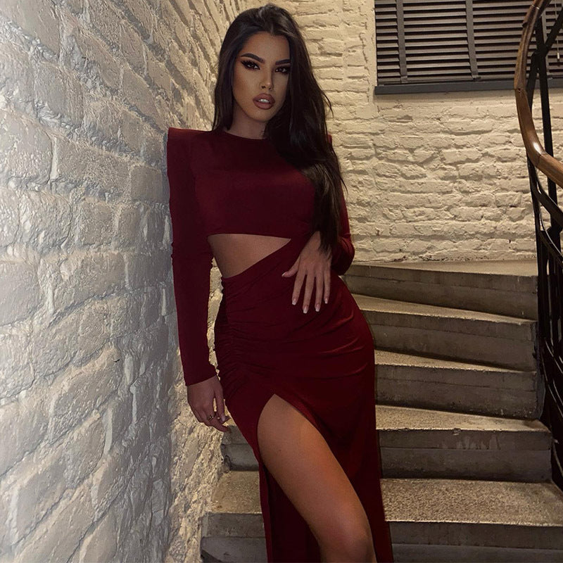 Elegant Women round Neck Long Sleeve Hollow Out Cutout out Split Red Retro Slim Fit Sexy Dress Bella Mia