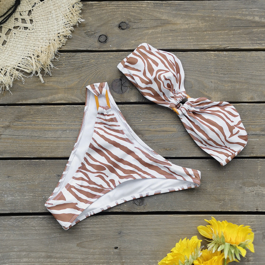 Tube Top Triangle Striped Printed Mid Waist Bikini Sexy Split Swimsuit Women Bella Mia