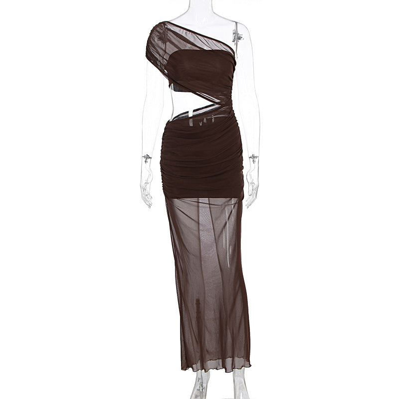 Women Clothing Summer Sexy off Shoulder Gauze Hollow Out Cutout Slim Fit Pleated See through Dress Bella Mia