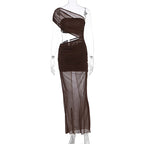 Women Clothing Summer Sexy off Shoulder Gauze Hollow Out Cutout Slim Fit Pleated See through Dress Bella Mia