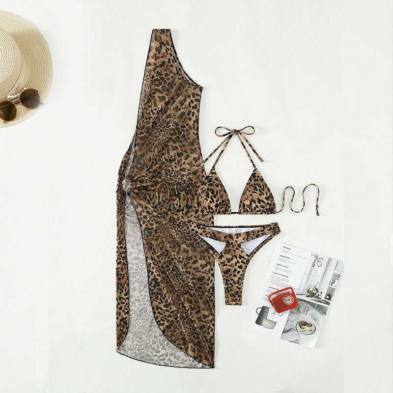 Leopard Print Halter Three Piece Mesh Swimsuit Women Bikini Sun Protection Sexy Swimsuit Bella Mia
