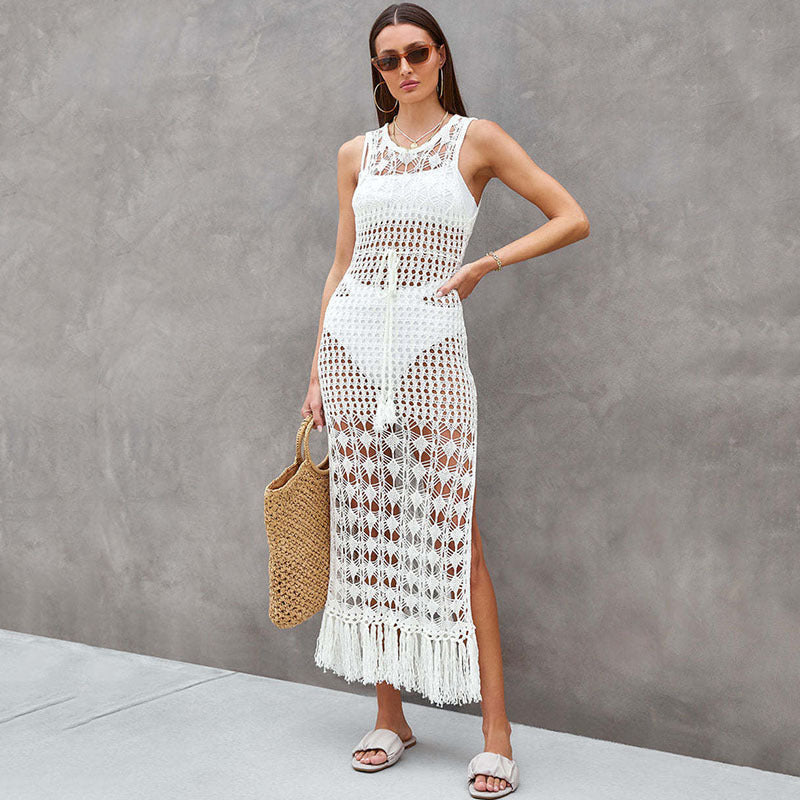 Knitted Beach Cover Up Sexy Cutout Tassel Backless Knitted Dress Casual Beach Cover Up Bella Mia