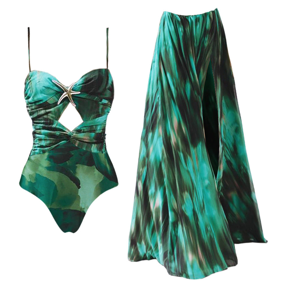 Blackish Green Printing Starfish Decoration One Piece Swimsuit Women Bella Mia